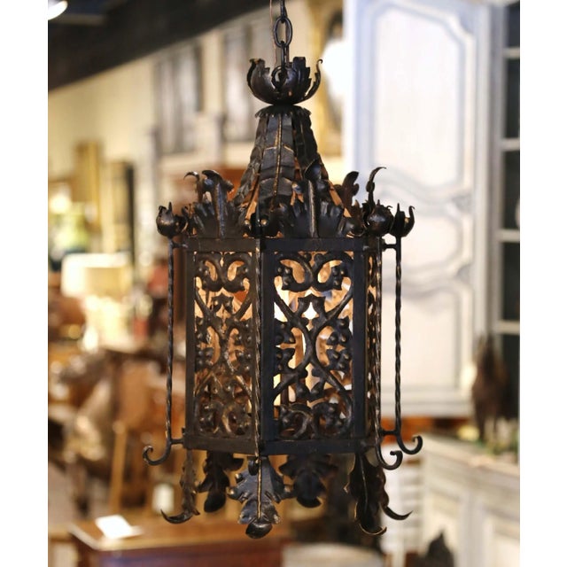Black 19th Century French Gothic Black and Gilt Iron Three-Light Hexagon Lantern For Sale - Image 8 of 8