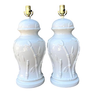 Vintage Glazed Ceramic Bamboo Lamps - A Pair For Sale