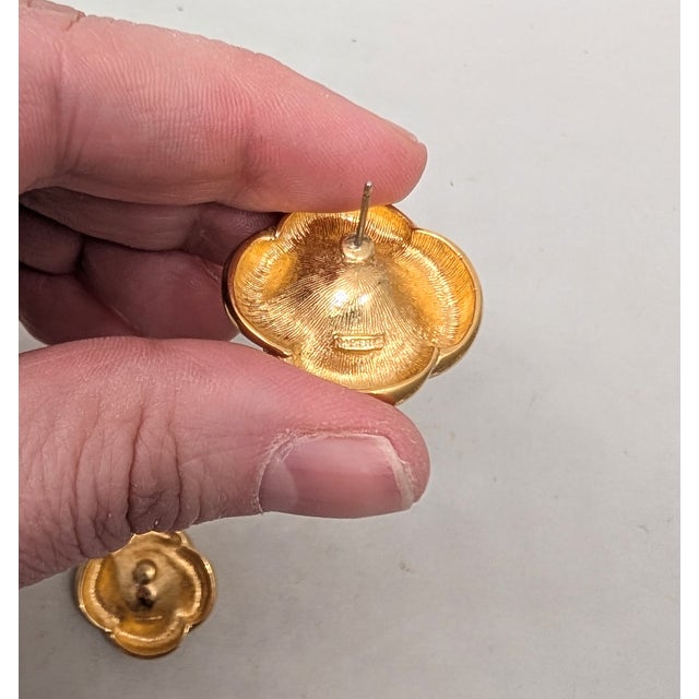 Gold Vintage C 1989 Signed Napier Goldtone Round Clear Rhinestone Pierced Earrings-2 Pieces For Sale - Image 8 of 8