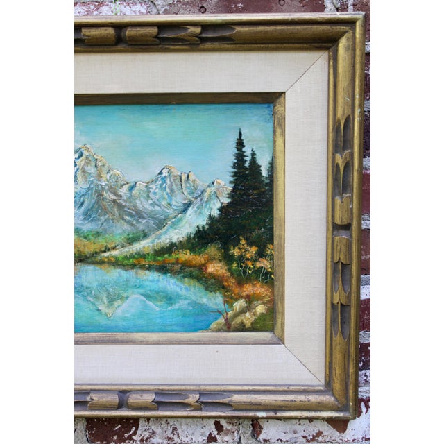Wood Antique Traditional Mountains and Lake Landscape Oil Painting For Sale - Image 7 of 12