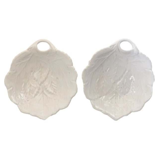Vintage Mid-Century White Majolica Leaf Serving Dishes, a Pair For Sale - Image 4 of 4