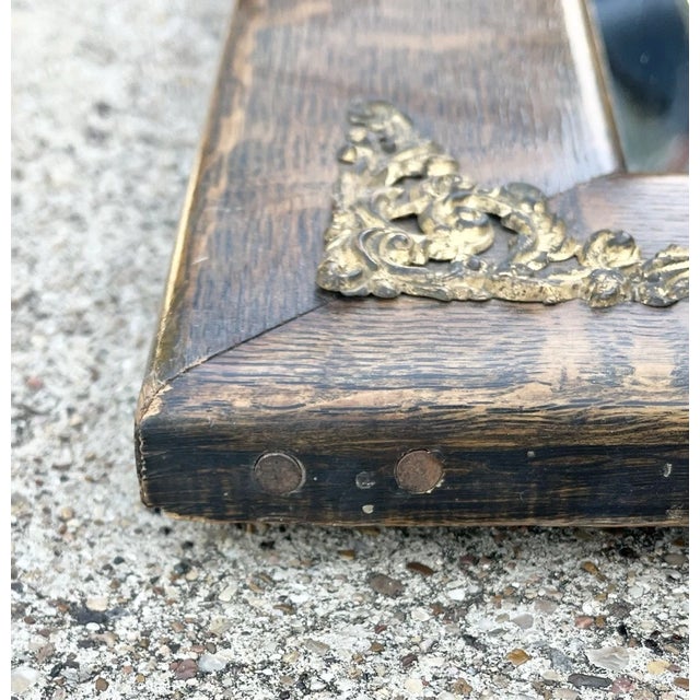 1910s Antique Tiger Oak Wooden Rectangle Beveled Wall Mirror & Hat Hooks For Sale - Image 4 of 7