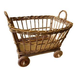Rustic European Wicker Willow Basket on Wheels For Sale