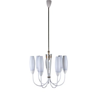 Mid-Century Modern Chandelier with 6 Opaline Glass Shades, 1950 For Sale