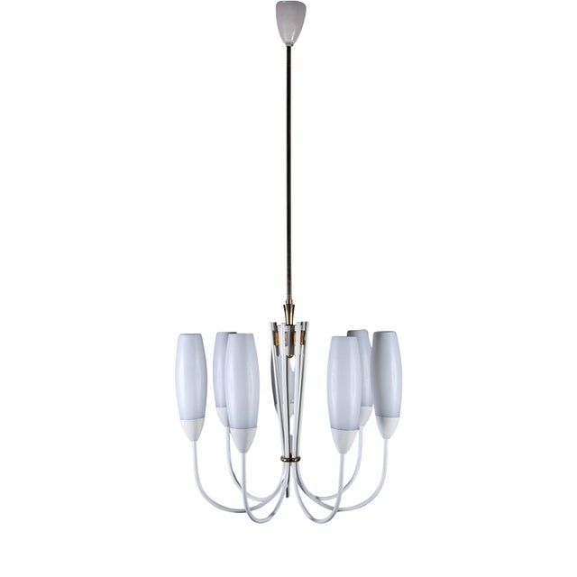 Mid-Century Modern Chandelier with 6 Opaline Glass Shades, 1950 For Sale