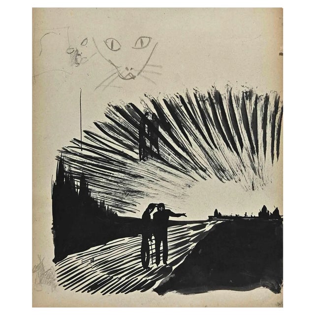 Norbert Meyre, The Sunrise on the Bridge, Original Drawing, Mid-20th Century For Sale