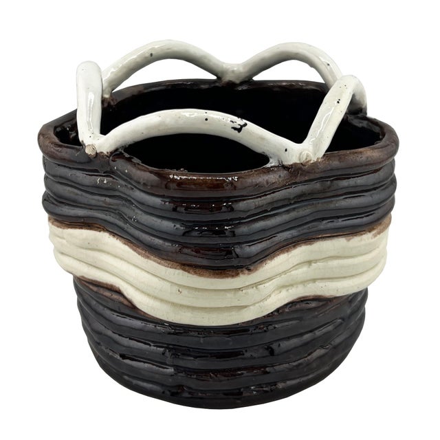 Mid 20th Century Vintage Studio Pottery Basket Form Bowl in Brown and Cream For Sale - Image 5 of 7