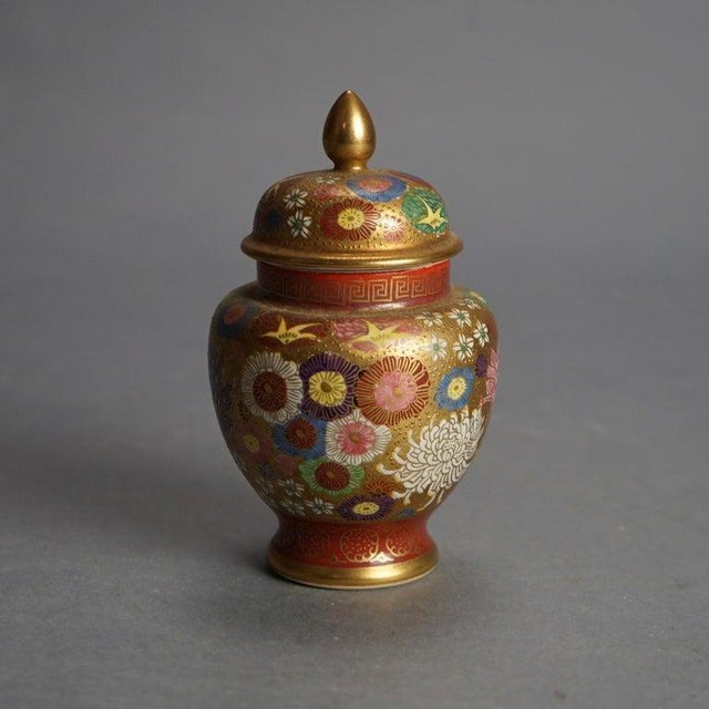 Japanese Antique Japanese Satsuma Hand Painted Floral & Gilt Pottery Lidded Urn C1920 For Sale - Image 3 of 8