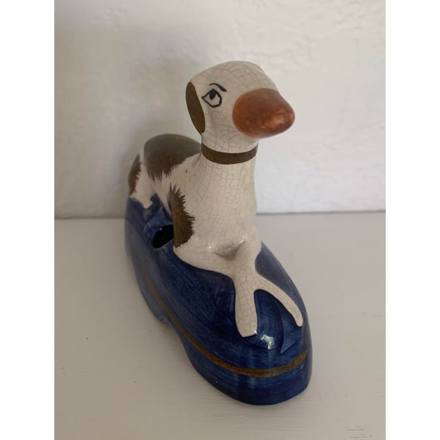 Victorian Vintage Staffordshire Blue Pillow Whippet Inkwell For Sale - Image 3 of 6