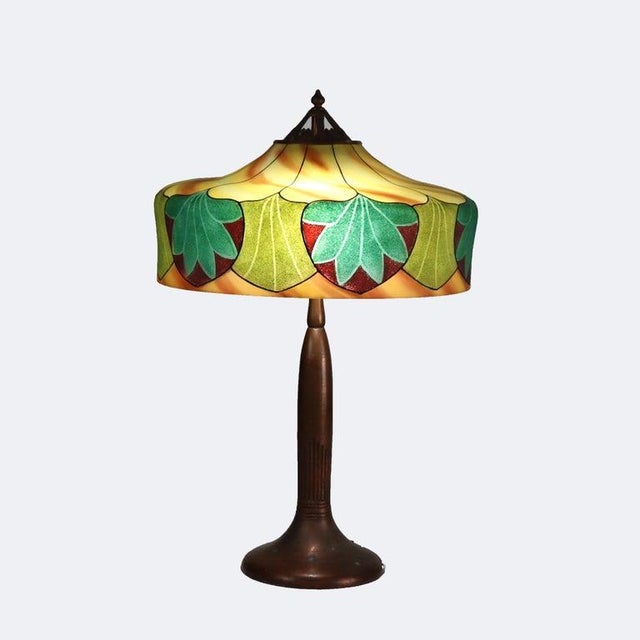 Arts & Crafts Antique Arts & Crafts Handel Reverse Painted Stylized Foliage Table Lamp C1920 For Sale - Image 3 of 8