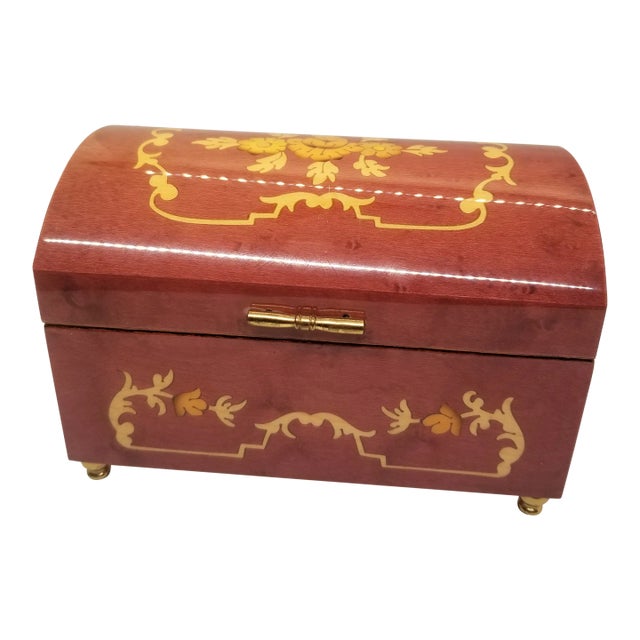 The San Francisco Music Box Italian Inlaid Burl Wood Swiss Movement Ring Jewelry Box For Sale