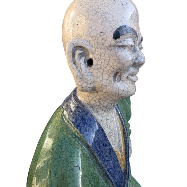 Large Antique Chinese Shiwan Crackle Glazed Luohan (Arhat) Pottery Figure, Early 20th Century, 19.6" For Sale In Los Angeles - Image 6 of 10