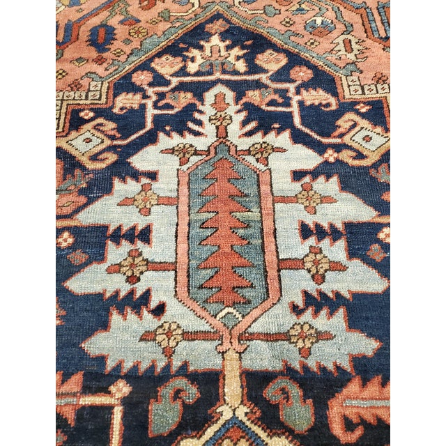 Textile Antique Persian Heriz Carpet Handmade Wool Oriental Rug, Rust, Navy, Light Blue For Sale - Image 7 of 18