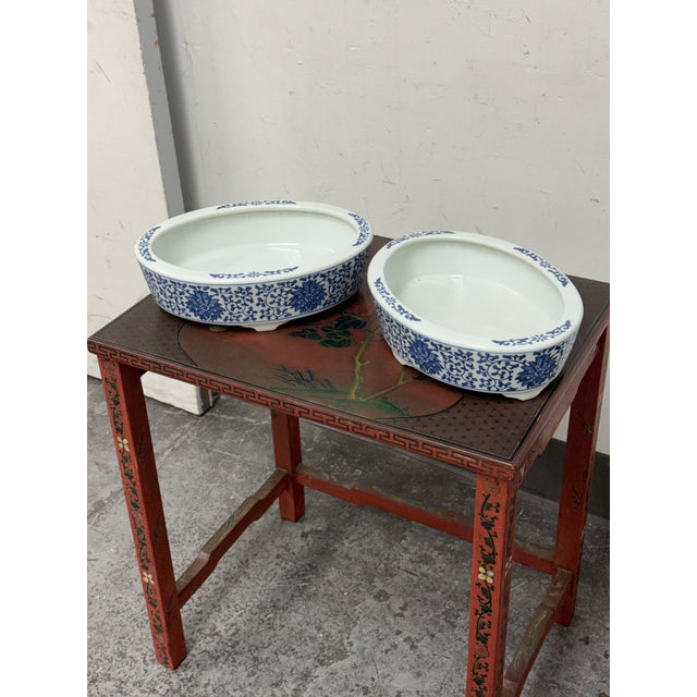 Ceramic Blue + White Chinoiserie Vintage Ceramic Oval Planters, Pair For Sale - Image 7 of 12