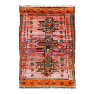 Vintage Caucasian Kazak Rug With Tribal Medallions in Pink and Orange 3'9 X 5'9 For Sale