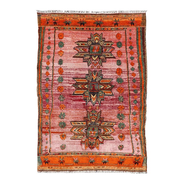 Vintage Caucasian Kazak Rug With Tribal Medallions in Pink and Orange 3'9 X 5'9 For Sale