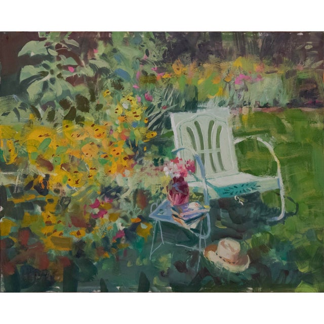 Backyard Rocker by Jeff Slemons | Gouache on illustration board Garden scene with chair and flowers. For Sale