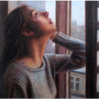 Anamnesis by J. Adam McGalliard | Pastel on Paper Portrait of a woman looking up by a window For Sale