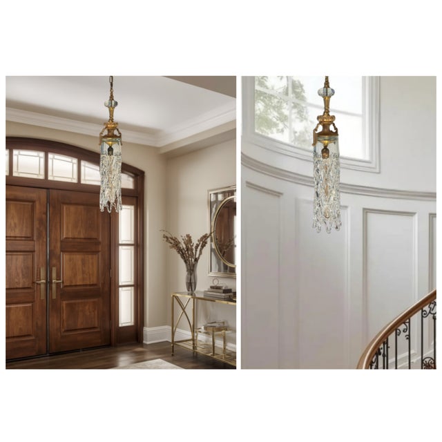 This pendant light combines Murano hand‑blown cylindrical open‑lattice glass with antique ormolu lamp components, forming...