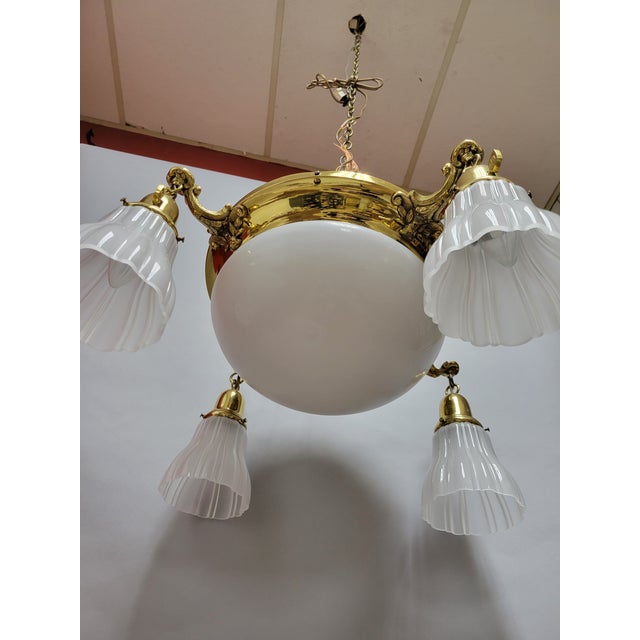 Vintage Classic Revival Brass Pan Fixture With Glass Shades For Sale - Image 9 of 12