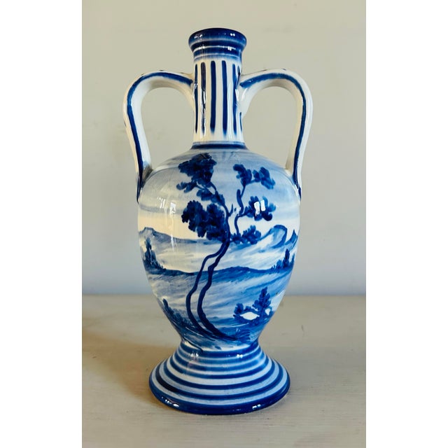 Vintage Mid Century Marmaca Blue & White Hand Painted Pottery Vase For Sale - Image 4 of 8