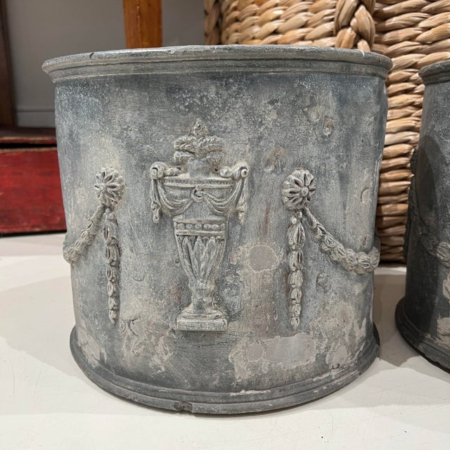English Antique English Pair of Lead Antique Planters W/Amphorae & Garland Relief For Sale - Image 3 of 9