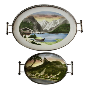 Art Deco Czech Gebruder Mehner Spritzdekor Porcelain Landscape Serving Tray- a Pair