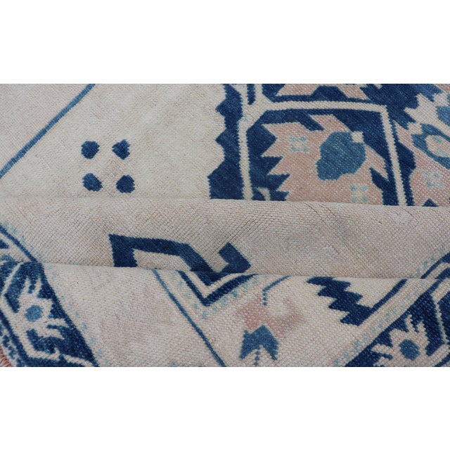 Blue, Cream & Green Vintage Oushak Rug With Geometric Medallion & Tribal Design 4'9 X 6'9 For Sale - Image 11 of 12