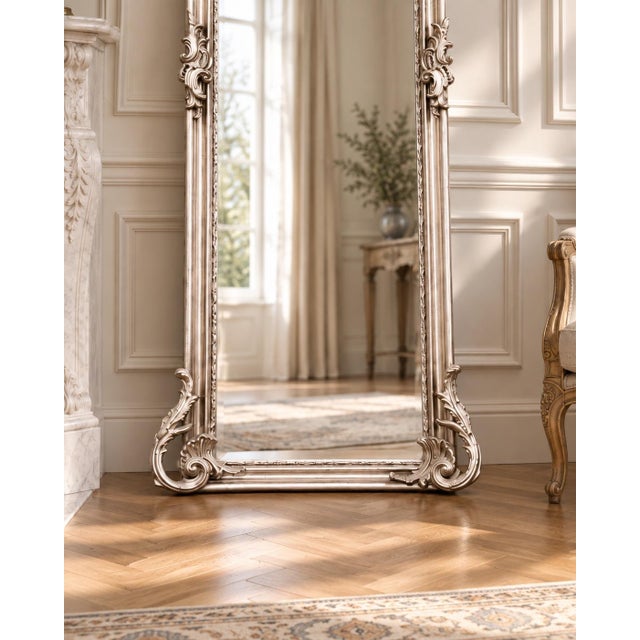 1980 European Artisan Baroque Silver Wood Floor Mirror For Sale - Image 18 of 18