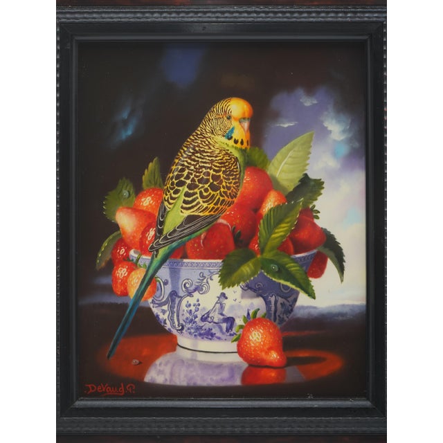 Traditional p.devaud Perruche Aux Fraises Oil on Canvas Painting Art - Signed For Sale - Image 3 of 10