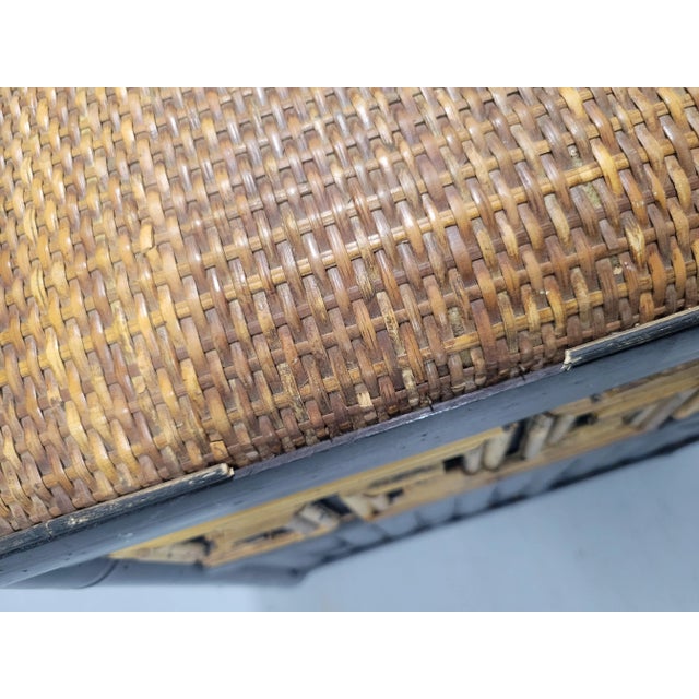 Vintage Wood, Wicker, Bamboo Greek Key Black Brown Padded Footstool Storage Box For Sale In West Palm - Image 6 of 7