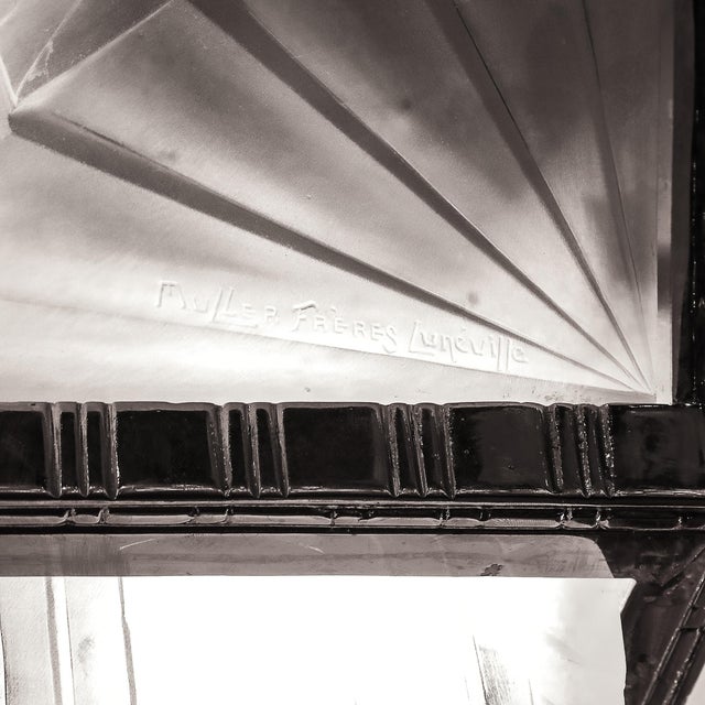 Art Deco Cubist Frosted Glass & Silvered Bronze Chandelier Signed Muller Freres For Sale - Image 16 of 18