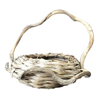 1990s Primitive Rustic Handmade Twisted Wood Handle Basket For Sale
