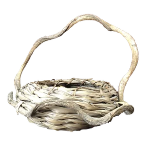 1990s Primitive Rustic Handmade Twisted Wood Handle Basket