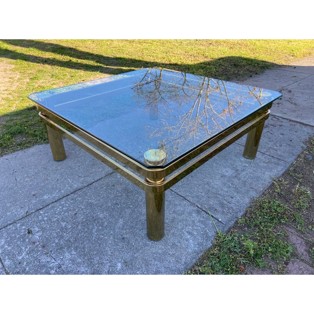 1970s Vintage Mid Century Modern Milo Baughman Style Brass & Glass Coffee Table For Sale - Image 5 of 12