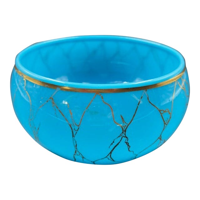 Mid 19th Century Beautiful Antique Blue Vitrified Opaline Bowl With Gilt Net Design For Sale