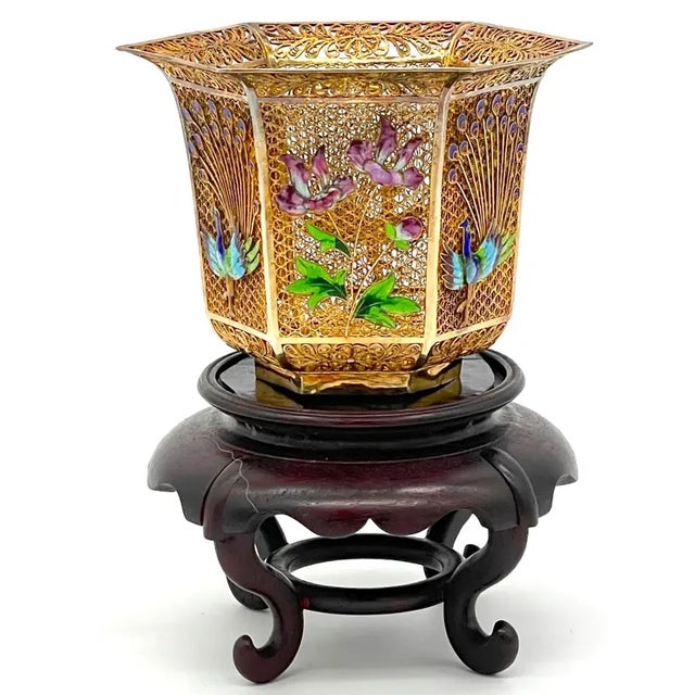 Chinese Early 20th Century Chinese Vermeil Sterling, Enameled Peacocks & Flowers Motif Vase & Stand For Sale - Image 3 of 12