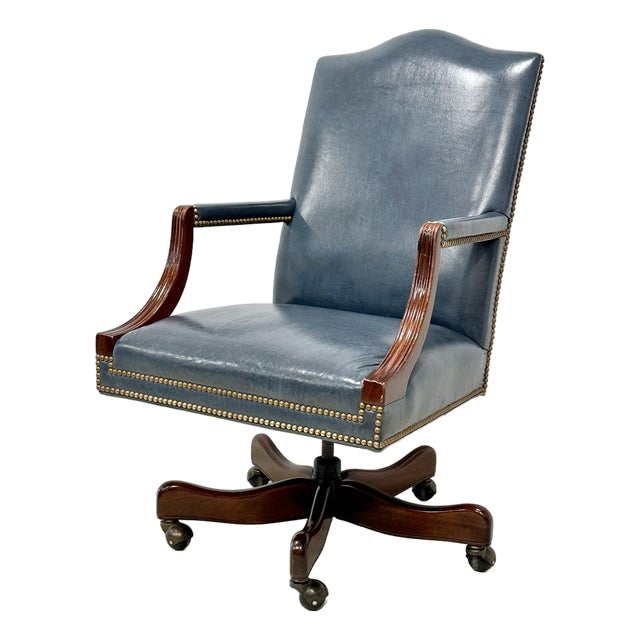Hancock & Moore Blue Leather Swivel Desk Chair With Nailhead Trim For Sale