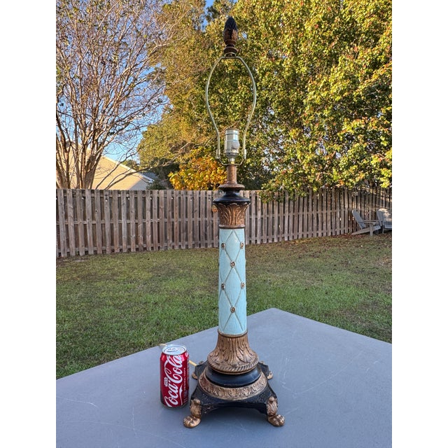Neoclassical Vintage 1980s Italian Ceramic & Wood Gilt & Aqua Neoclassical-Style Empire Table Lamps For Sale - Image 3 of 18