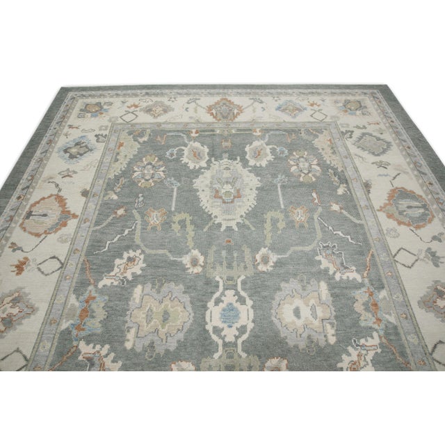 Early 21st Century Gray Colorful Floral Design Handwoven Wool Turkish Oushak Rug 8'11" X 11'8" For Sale - Image 4 of 8