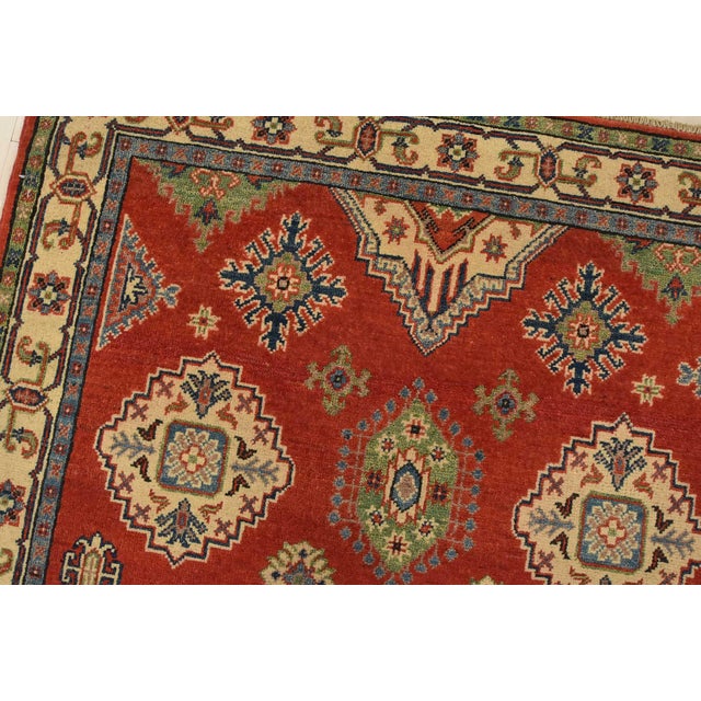 Kazak Rug 4′ X 6’2” Red Wool Tribal Hand-Knotted Oriental Carpet For Sale In Philadelphia - Image 6 of 12