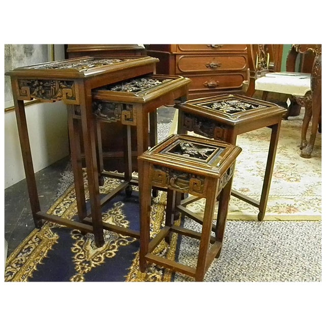 Rustic Mid 20th Century Heavily Carved Wood Asian Nesting Tables Set of 4 For Sale - Image 3 of 10