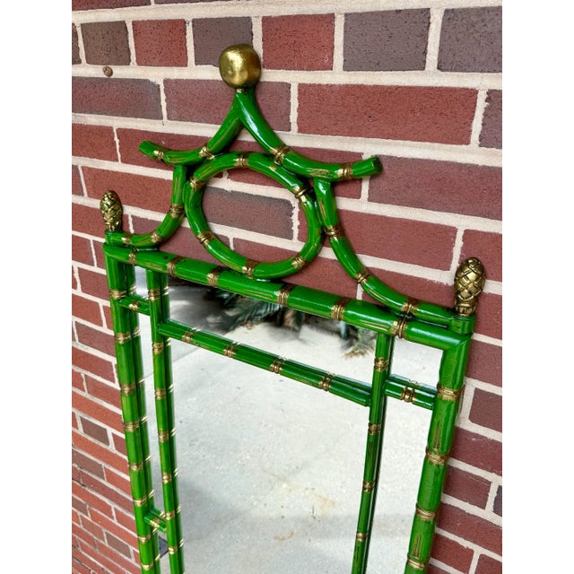 Chic Vintage Palm Beach Regency Pagoda Style Faux Bamboo Full Length Wall Mirror - Newly Painted Green and Gold Chinoiserie Decor For Sale - Image 11 of 11