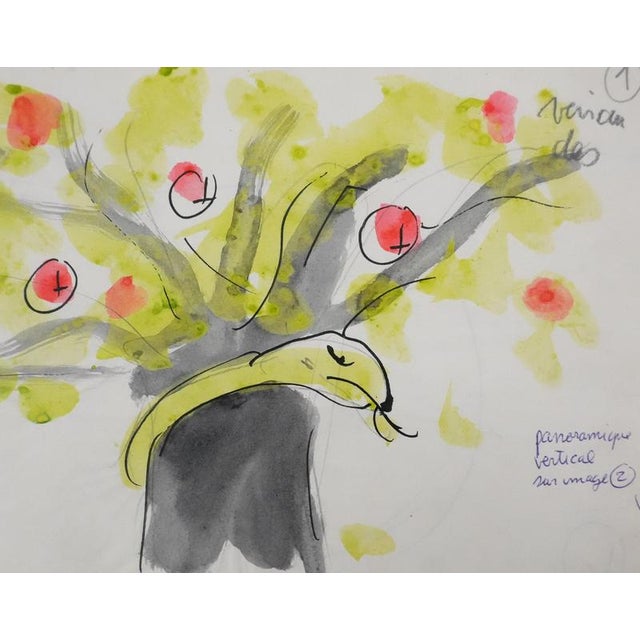 Modern Jean Effel, Teinturier, The Apple Tree Serpent, 1970, Watercolor For Sale - Image 3 of 7