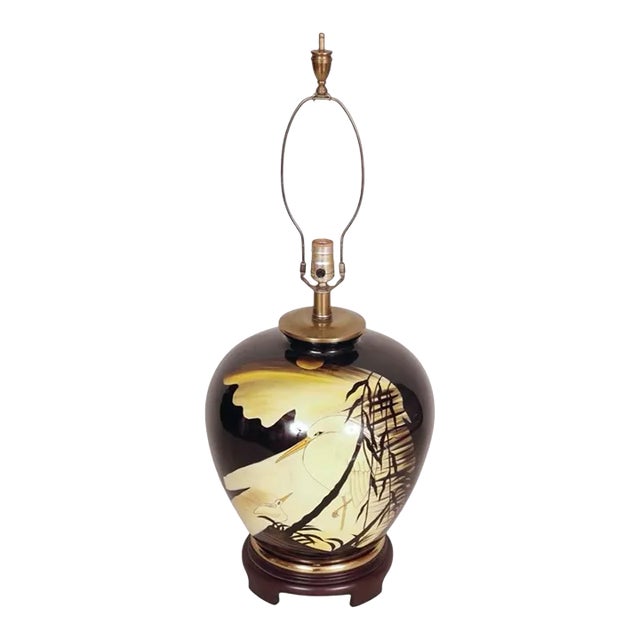 Japanese Hand Painted Heron Ceramic Table Lamp For Sale