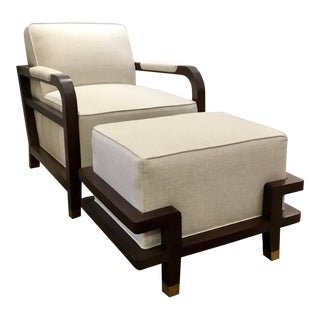 Pearson Modern Linen and Dark Walnut Carson Chair and Ottoman For Sale