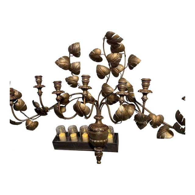 Large Vintage Gold Metal Leaf 7-Candle Wall Candelabra For Sale