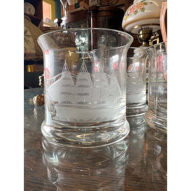 Mid-Century Modern Vintage Old Fashion Whiskey Glasses With Etched Clipper Ship by Toscany - 3 For Sale - Image 3 of 6