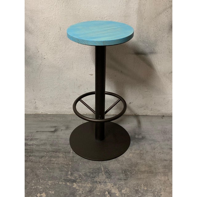 2010s New Industrial Wrought Iron Shop Stool With Pine Wood Seat For Sale - Image 5 of 13
