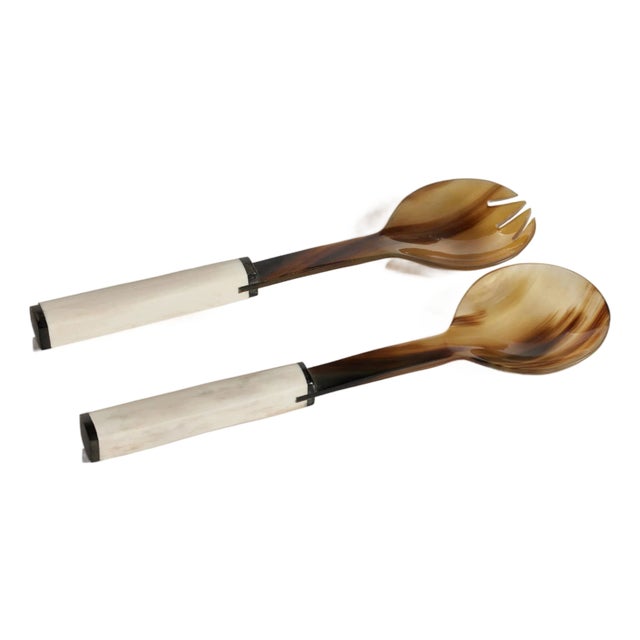 Nadine Horn Salad Server Set with Bone Handle For Sale